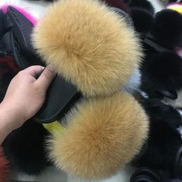 2019New Lady Real Fox Fur Slippers Women Fashion Sliders Spring Summer Autumn Fur Slides Indoor Outdoor Flat