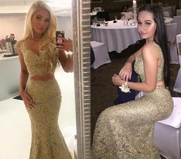 Gold Evening Dresses Mermaid Two Pieces Lace Holiday Wear Formal Party Prom Gowns Custom Made Plus Size