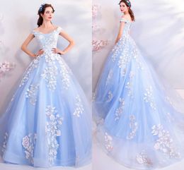 Light Blue White Lace Embroidery Quinceanera Dresses Ball Gowns Prom 2020 Cheap Off The Shoulder Lace-up Party Pageant Dress Sweet 16 Girls