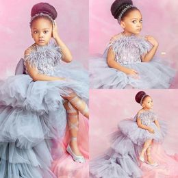 Feathers Lace Toddler Little Girls Pageant Dresses Hi-lo Tiered Tulle Flower Girl Dress Kid Party Birthday First Holy Communion Gowns AL3879