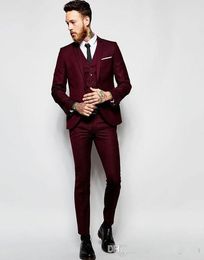 Handsome Burgundy Wedding Tuxedos Slim Fit Suits For Men Groomsmen Suit Three Pieces Cheap Prom Formal Suits (Jacket +Pants+Vest)