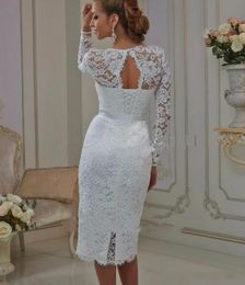 Vintage Informal Casual Wedding Dresses Tea Length Lace Long Sleeves Short vestido de noiva Sheath High Jewel Neck Bridal Gowns287x