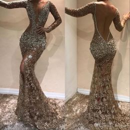 Vintage Sparkly Crystal Prom Evening Dress 2020 Long Sleeve Deep V neck Formal Party Gown Sexy Slit Pageant Gowns