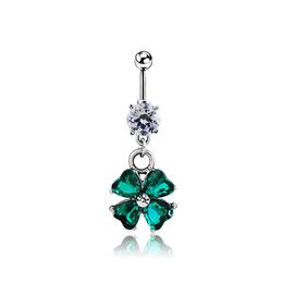 Sexy Wasit Belly Dance Crystal Body Jewellery Stainless Steel Navel & Bell Button Piercing Dangle Rings for Women Green Four Flower