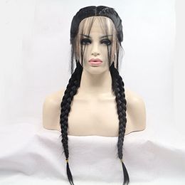 Middle Part Long Double Braids Straight Natural Black Purple Ombre Brown Braided Synthetic Light Brown Swiss Lace Front Wig With Baby Hair