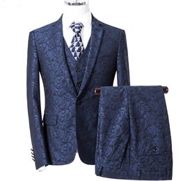 New Embossing Groom Wedding Tuxedos Navy Mens Floral Pattern Notched Lapel Man Jacket Blazer Fashion Prom Dinner 3 Piece Suits