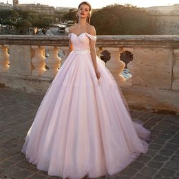 Pink Princess Ball Gown Wedding Dresses Off the Shoulder Ruched Tulle Skirt Corset Back Colourful Bridal Gown Bride's Dress With Colour