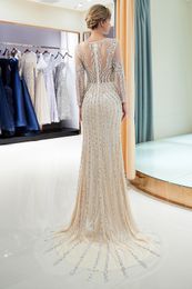Sparkly Crystals Beaded Evening Dresses Crew Neck Sheer Long Sleeves Mermaid Tulle Prom Gowns Sequined Celebrity Pageant Wear181w