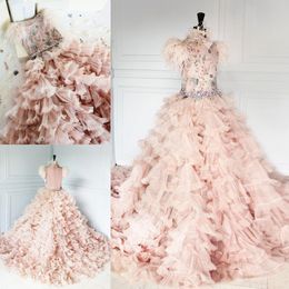 Amazing Feather Little Girls Pageant Dresses Appliqued A Line Beaded Flower Girl Dress For Wedding Tulle Tiered First Communion Gowns 415
