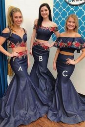 New Denim Satin Bridesmaid Prom Dresses 2020 Designer Colourful Embroidery Mermaid 2 Piece Evening Formal Party Gowns Homecoming Wedding Dres