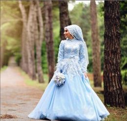 Abito da sposa Hijab musulmano con velo Collo alto Manica lunga Appliques celeste chiaro Pizzo A Line Abiti da sposa modesti Personalizza Taglie forti