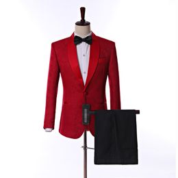 Real Picture Side Vent One Button Red Paisley Groom Tuxedos Shawl Lapel Groomsmen Wedding Men Party Suits (Jacket+Pants+Tie) W6