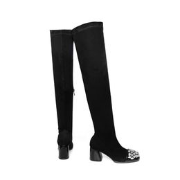 Hot Sale-Over the Knee High Boots Elastic Flock Chunky Heel Women Boots Black Square Toe with Rhinestone Girl QU01 MUYISEXI