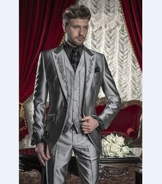 High Quality One Button Shiny Grey Embroidery Groom Tuxedos Peak Lapel Men Suits 3 pieces Wedding Prom Blazer (Jacket+Pants+Vest) W460