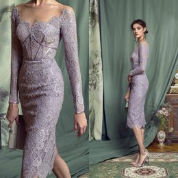 Chic Mother Of The Bride Dresses With Sheer Neck Long Sleeves Formal Evening Prom Gowns Knee Length Lace Wedding Guest Gowns Cheap