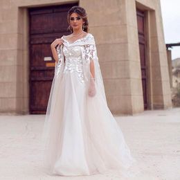 Arabische Saudi-Arabien 2019 Modest-Kleider, schulterfrei, mit Applikationen, Perlen-Tüll, bodenlang, Dubai-Umstands-Strandhochzeitskleider