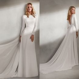 Valerio Luna Satin Wedding Dresses Long Sleeve Modest Jewel Neck Lace Country Western Bridal Dress Informal Wedding Gowns