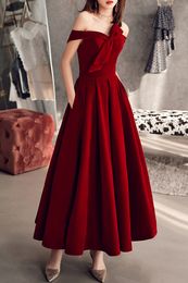 Wine Red Flat Velvet Dinner Dress Sexy Off The Shoulder Formal Evening Gown robe de soiree