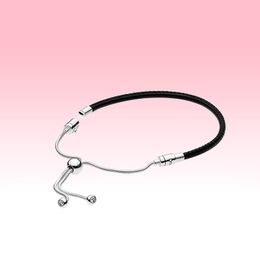 Women's Black Leather Slider Bracelet Fashion Jewelry for Pandora Stelring Silver Adjustable size Hand Chain Bracelets with Original box