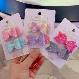 12pcs/Lot New Glitter Pink Leather Bow Hair Clip Blue Grey Girls Sparkly Hair Barrette Rainbow Hair Bow Hairpin AAccessories 1set=2pcs