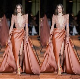 Zuhair Murad 2020 cetim Dividir Prom Dresses 2020 Profunda V Neck manga comprida lantejoulas Beads Africano Vestido Vestidos