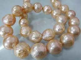 Hermosa 13-14 MM Mar del Sur barroco oro rosa collar de perlas 18 "14 k
