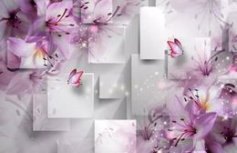 modern wallpaper for living room Purple lily transparent flower three-dimensional square fashion background wall