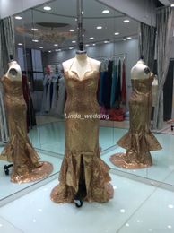2019 Real Photos Gold Colour Long Mermaid Prom Dress New Design Sexy Halter Sequins Backless Party Gown Custom Made Plus Size