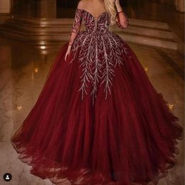 Glamorous Burgundy Ball Gown Evening Dresses Illusion Neck Long Sleeve Beading Sequined Pageant Gowns Tiered Tulle Abriac Evening 268F