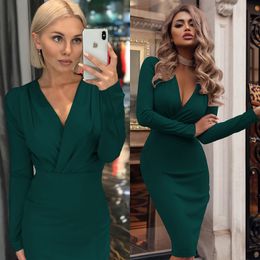 Women Vintage Sexy Bodycon Slim Party Dress Long Sleeve Deep V neck Solid Casual Elegant Dress 2019 Winter New Fashion