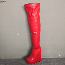 Rontic New Women Platform Over The Knee Boots Wedges High Heels Boots Round Toe Gorgeous Red Dress Shoes Women Plus US Size 5-15