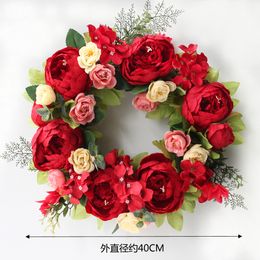 15'' Artificial Peony Wreath Pink Flower Door Wreath with Green Leaves Spring Wreath for Front Door Decor Wedding Wall Home Decoration