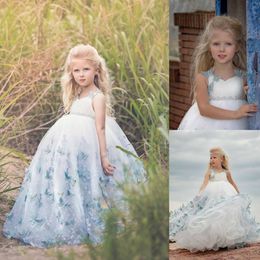 2020 Princess Ärmlös V Bak Lace Crystal Flower Dresses Blue Custom Made Girls Kids Evening Gowns First Communion Dress