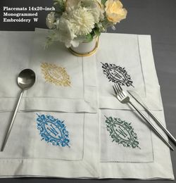 Set of 12 Fashion Monogrammed Placemats 14"x20"White Hemstitched Cotton Table Cloth with Colour Embroidered Initial W