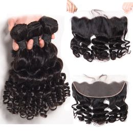 Funmi Curly Brazilian Human Hair Bundles with 13*4 Lace Frontal Natural Black Hair Extensions Short Spiral Bouncy Curls Weave Hair Weft