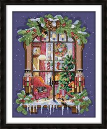 The window of Christmas scenery decor paintings ,Handmade Cross Stitch Craft Tools Embroidery Needlework sets counted print on canvas DMC 14CT /11CT