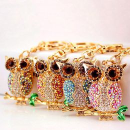 Animal Owl Key Chain Pendant Colorful Ab Rhinestone Gold Tone Metal Lobster Clasp Key Ring Car Accessories Key Holder