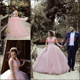 Charming V-Neck Pink Wedding Dresses Formal Sleeveless A-Line Puffy Tulle Arabic vestido de noiva Plus Size Bridal Gown Ball Country Bride