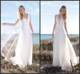 2019 Rembo Styling Beach Wedding Dresses With Lace Cap Sleeves Plunging Neck Cheap Bridal Gowns A-Line Floor Length Chiffon Wedding Dress