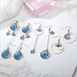 Girls Women Charm Earring Blue Star Starry Sky Planet Long Asymmetrical Ear Hook Stud Earrings Female Japanese Korean Jewelry