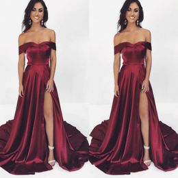 long evening prom dress NZ - Sexy Burgundy Split Evening Prom Dresses 2019 Cheap A Line Off Shoulders Satin Long Evening Gowns Formal BC0690