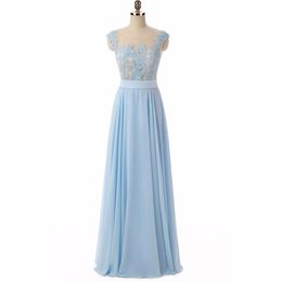 Girls Sky Blue Dresses Elegant Sexy Circular collar Appliques A Line Chiffon Long Party Formal Evening Dresses Gowns For Women Prom Dresses