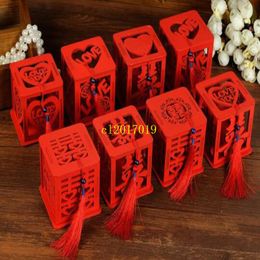 100pcs Wood Chinese Double Happiness Wedding Favour Boxes Candy Box Chinese Red Hollow Sugar Case With Tassel