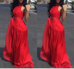 Cheap Red Two Piece Prom Dresses Lace Applique Long Jewel Neck Floor Length Formal Dress Evening Gowns Wear ogstuff Vestidos