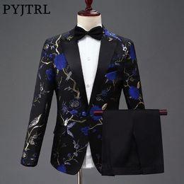 PYJTRL New Design Mens Stylish Embroidery Royal Blue Green Red Floral Pattern Suits Stage Singer Wedding Groom Tuxedo Costume CJ19291T