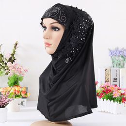 Islam Mask Muslim Headscarf High Quality Fashion Silk Hot Drill Long Scarf Woman Summer National Wind Cover VF0011