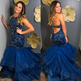 Dark Navy Beaded Lace Mermaid Prom Dresses Halter Neck Backless Evening Gowns Sweep Train Tulle Plus Size Tiered Formal Dress
