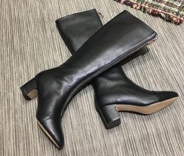 Hot Sale-Fashion Womens Ankle And Knee Boots Martin Square High Heel 5CM Pointed Toes Mid Zip Booties