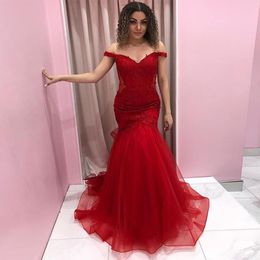 Off Shoulder Prom Dresses Boat Neck Red Appliques Mermaid Style Ruffles Tulle Skirt Evening Gowns 2019 New Women Formal Party Dress