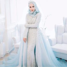 powder blue dresses Australia - Luxury Powder Blue Muslim Wedding Dresses 2019 Beaded Crystal Pearls Romantic Ice Blue Wedding Formal Gowns Muslim Bridal Dress